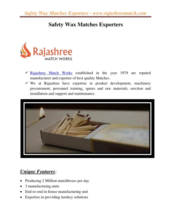 Safety Wax Matches Exporters Â 