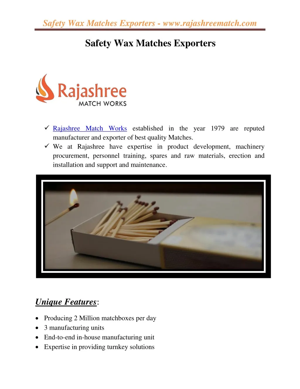 safety wax matches exporters www rajashreematch