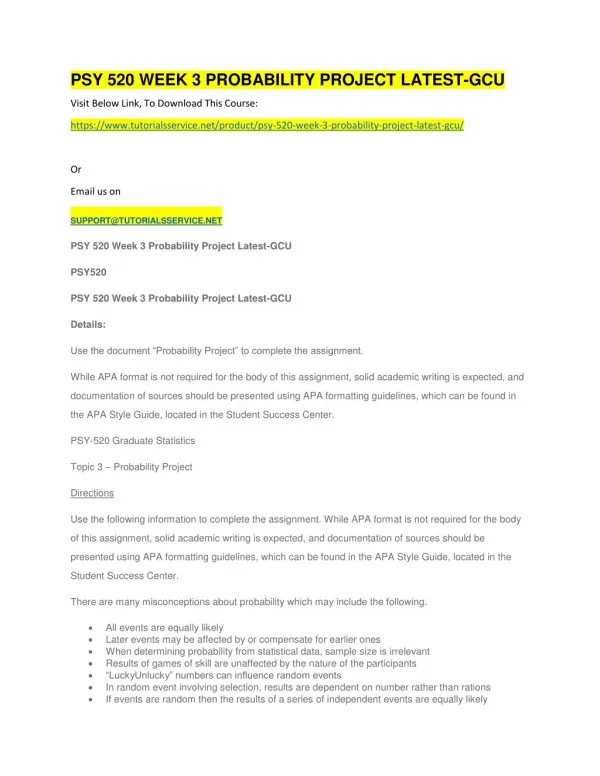 psy 520 week 3 probability project latest gcu