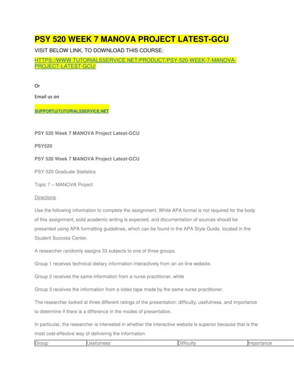 psy 520 week 7 manova project latest gcu