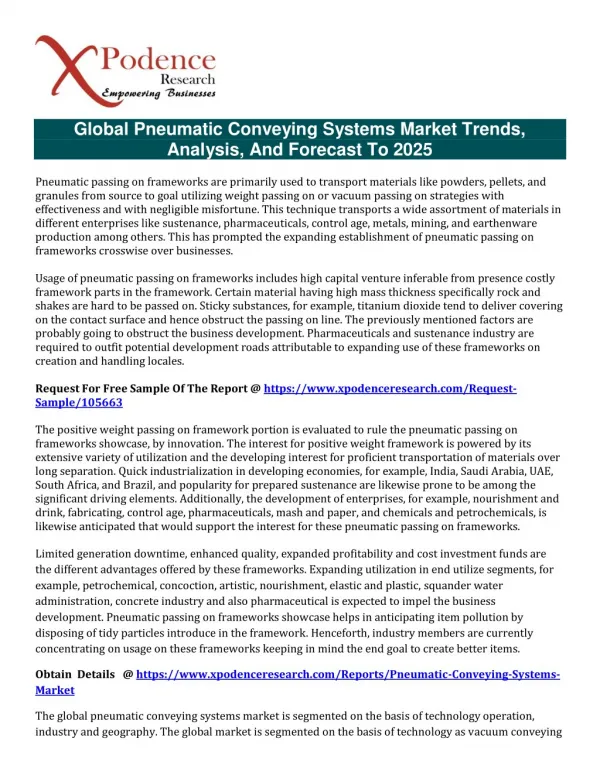 Pneumatic Conveying Systems Market - Global Industry Analysis, Size, Growth, Trends and Forecast 2017-2025