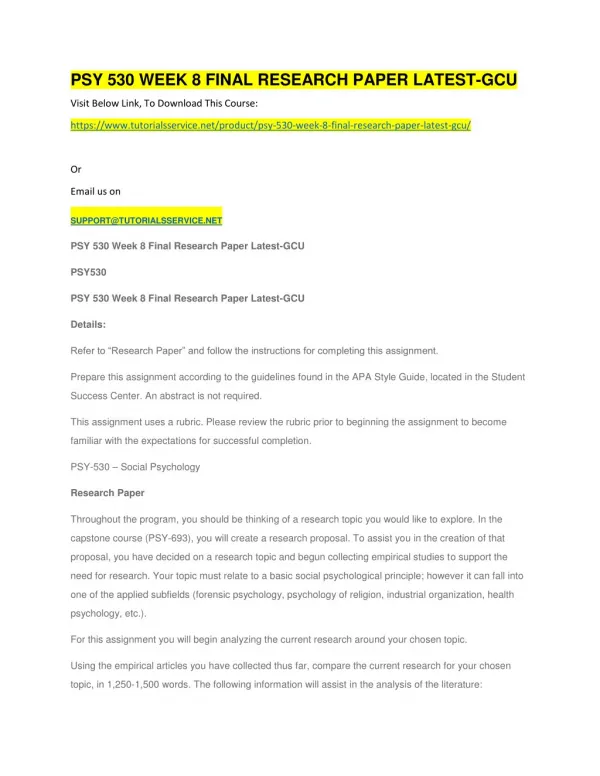 psy 530 week 8 final research paper latest gcu