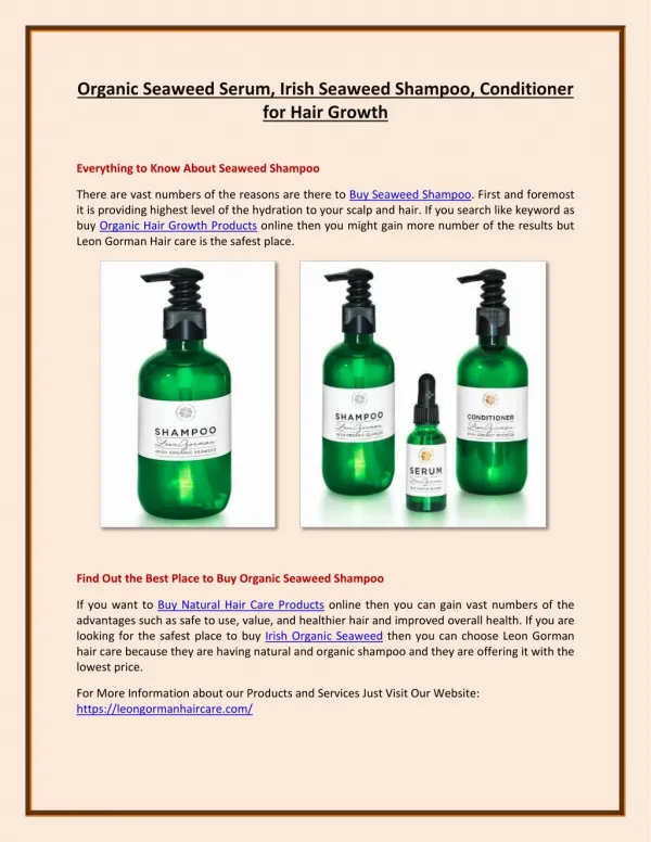 Organic Seaweed Serum, Irish Seaweed Shampoo, Conditioner for Hair Growth