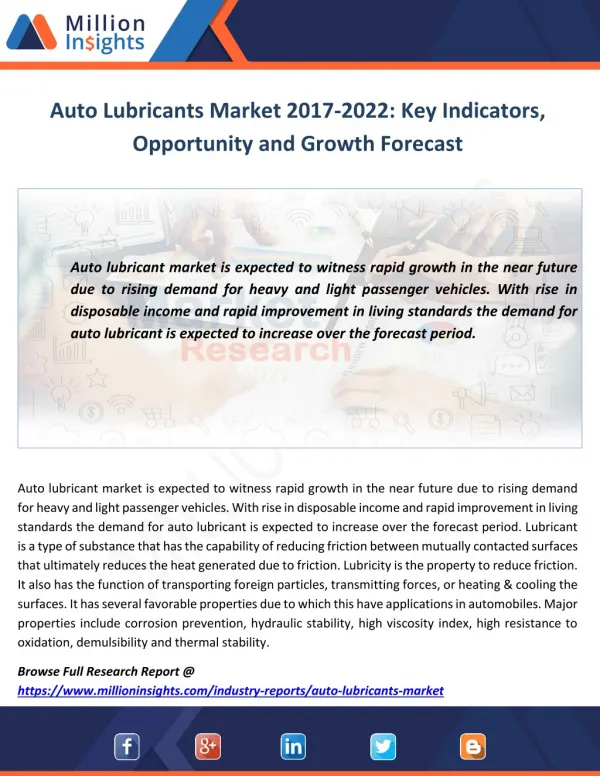 Auto Lubricants Market 2017-2022 Key Indicators