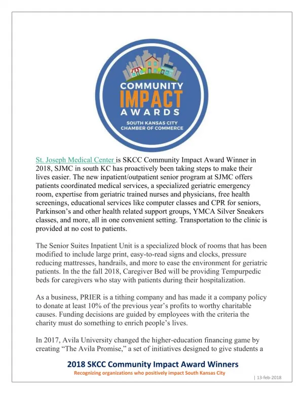 St. Joseph Medical Center - SKCC Community Impact Award Winner in 2018.