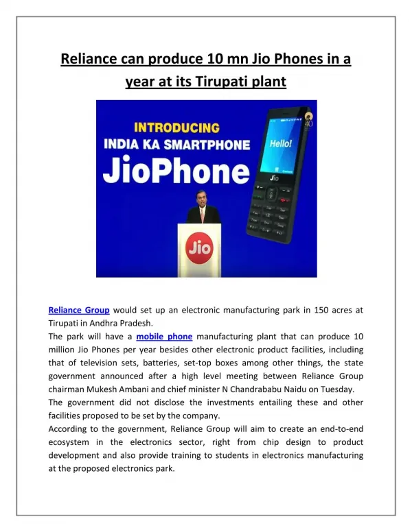 Reliance Can Produce 10 Mn Jio Phones in a Year at Its Tirupati Plant