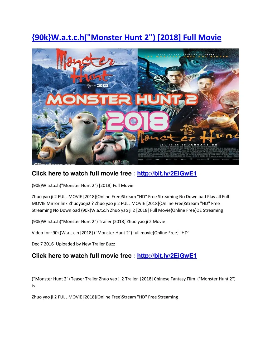 90k w a t c h monster hunt 2 2018 full movie