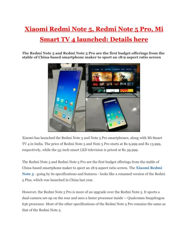 Xiaomi Redmi Note 5, Redmi Note 5 Pro, Mi Smart TV 4 launched: Details here