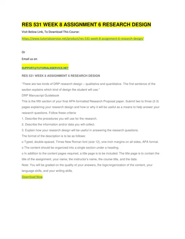 res 531 week 8 assignment 6 research design