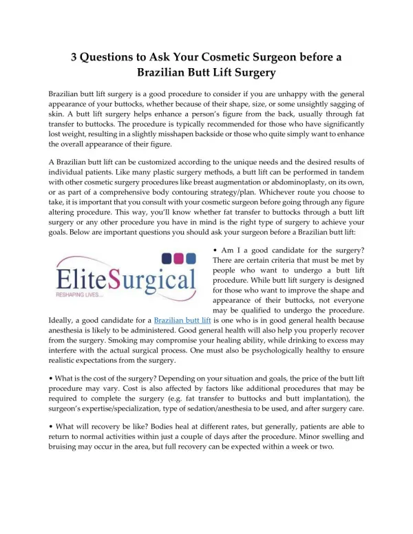3 Questions to Ask Your Cosmetic Surgeon before a Brazilian Butt Lift Surgery