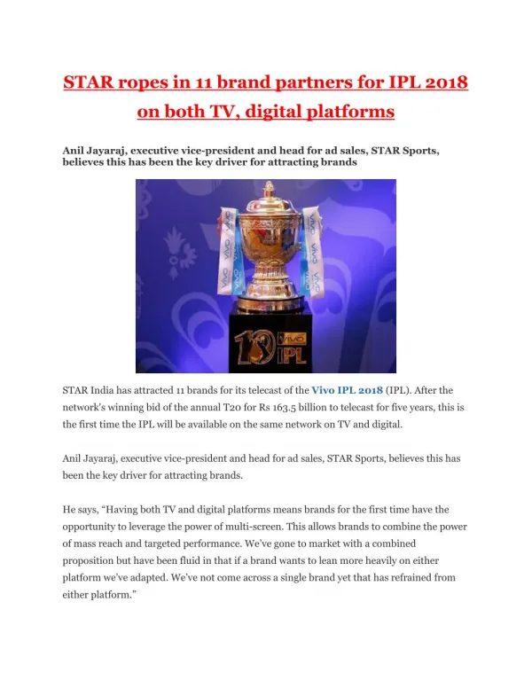 STAR ropes in 11 brand partners for IPL 2018 on both TV, digital platforms