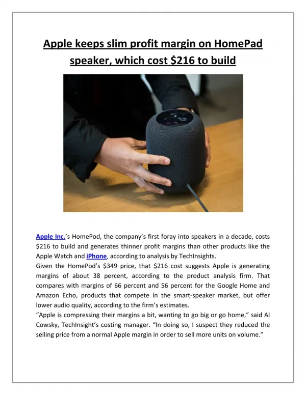 Apple keeps slim profit margin on HomePad speaker, which cost $216 to build