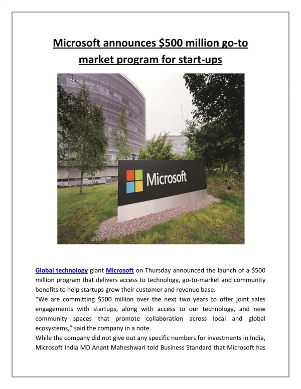 Microsoft announces $500 million go to market program for start ups