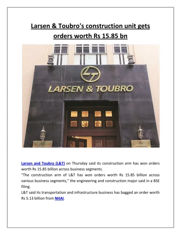 Larsen & toubro's construction unit gets orders worth rs 15 85 bn