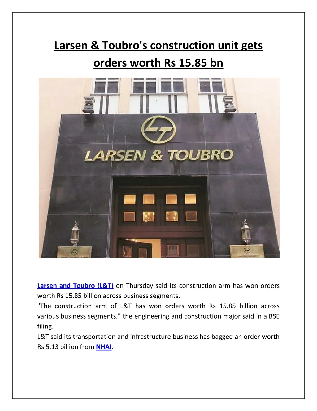 larsen toubro s construction unit gets orders