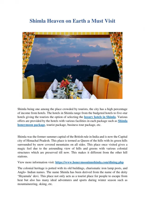 Shimla Heaven on Earth a Must Visit