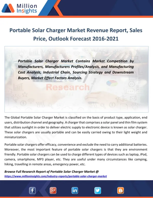Portable Solar Charger Industry Trader or Distributor Analysis Forecast 2016-2021 By Share, Price
