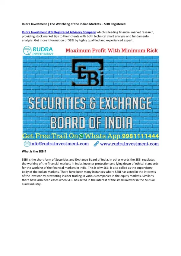 Rudra Investment | The Watchdog of the Indian Markets â€“ SEBI Registered