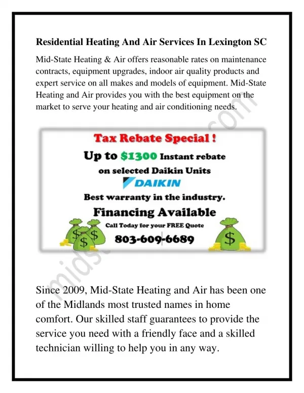 Residential Heating And Air Services In Lexington SC