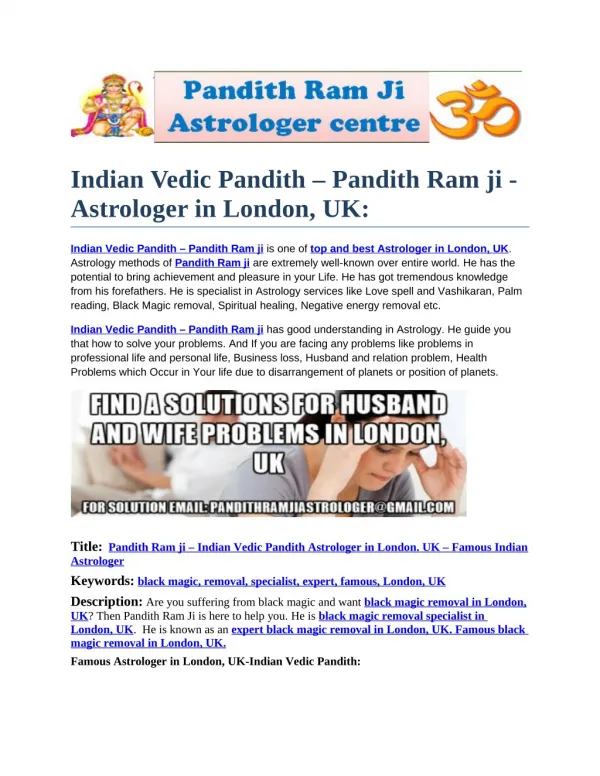 Pandith Ram ji – Indian Vedic Pandith Astrologer in London. UK – Famous Indian Astrologer