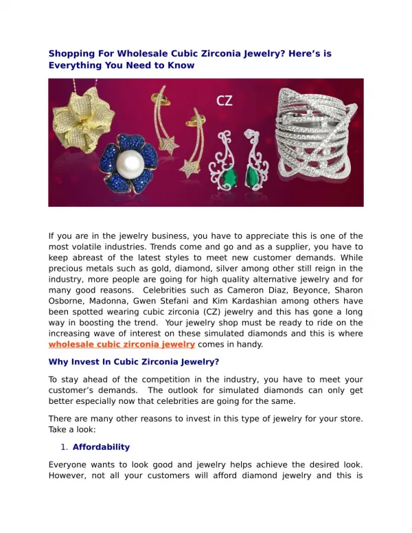 Shopping For Wholesale Cubic Zirconia Jewelry? Here’s is Everything You Need to Know