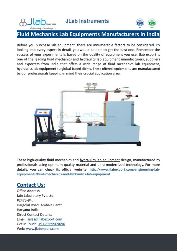 Fluid Mechanics Lab Equipments Manufacturers In India