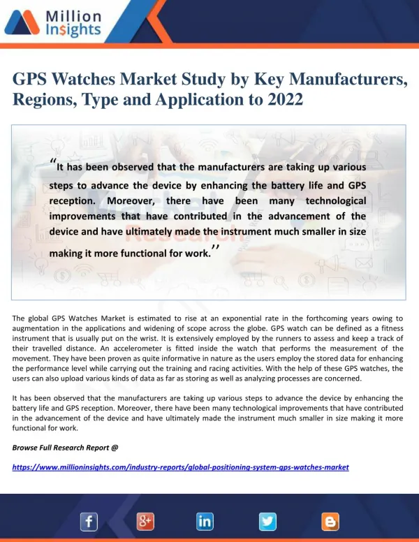 GPS Watches Market Study by Key Manufacturers, Regions, Type and Application to 2022