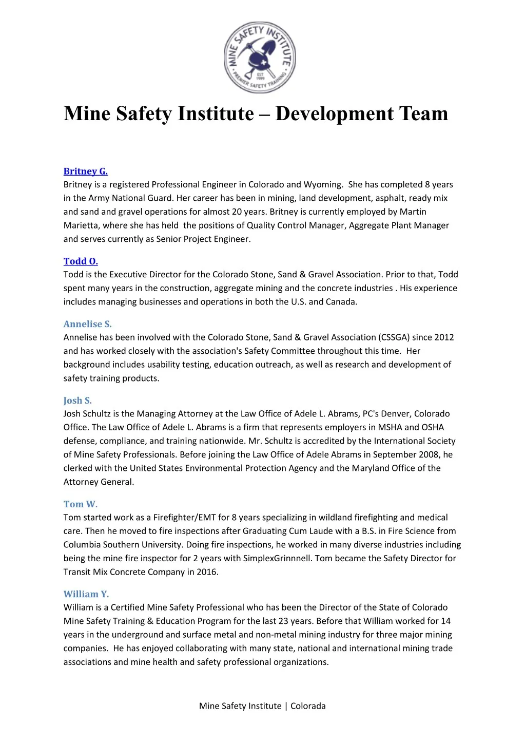 mine safety institute development team