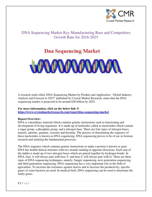 DNA Sequencing Market Projected to Amplify During 2016 - 2025