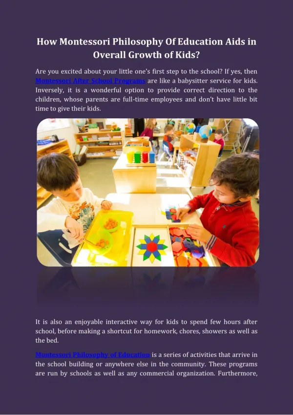 How Montessori Philosophy Of Education Aids in Overall Growth of Kids