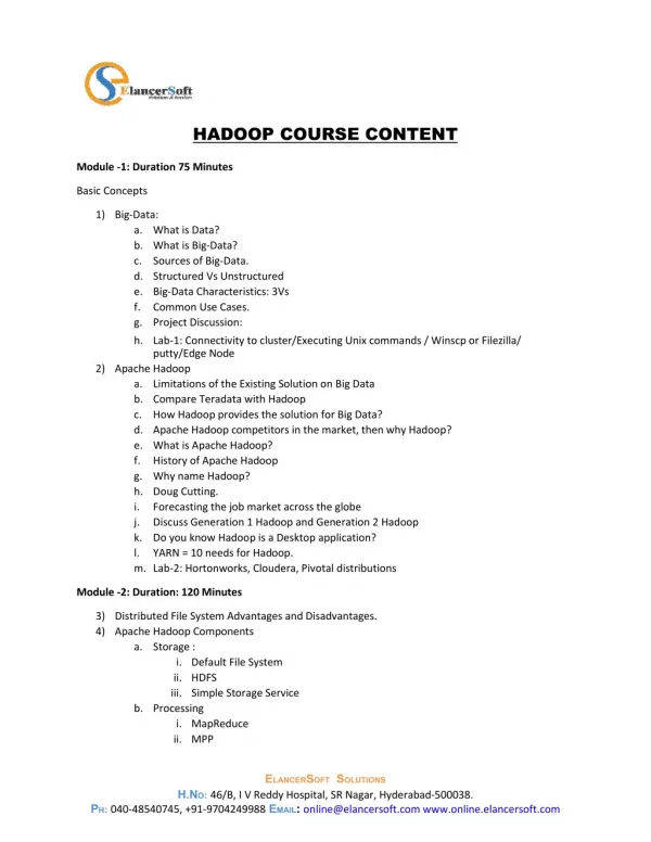 Hadoop Online and Offline Training in Hyderabad-Elancersoft