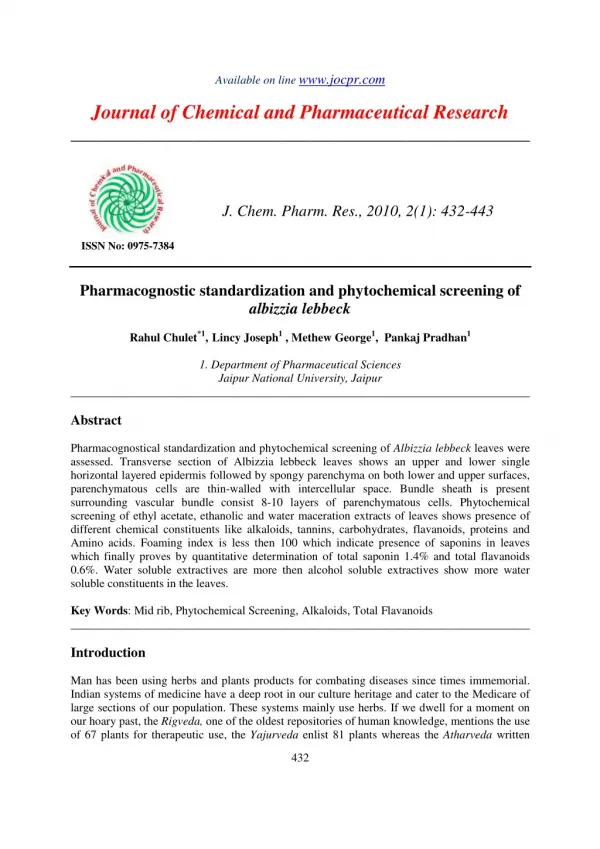 Pharmacognostic standardization and phytochemical screening of albizzia lebbeck