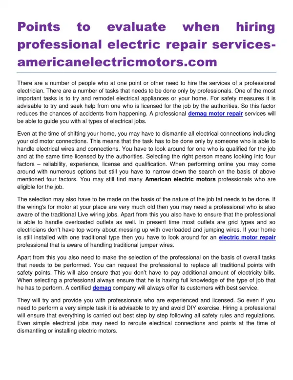 Points to evaluate when hiring professional electric repair services americanelectricmotors.com