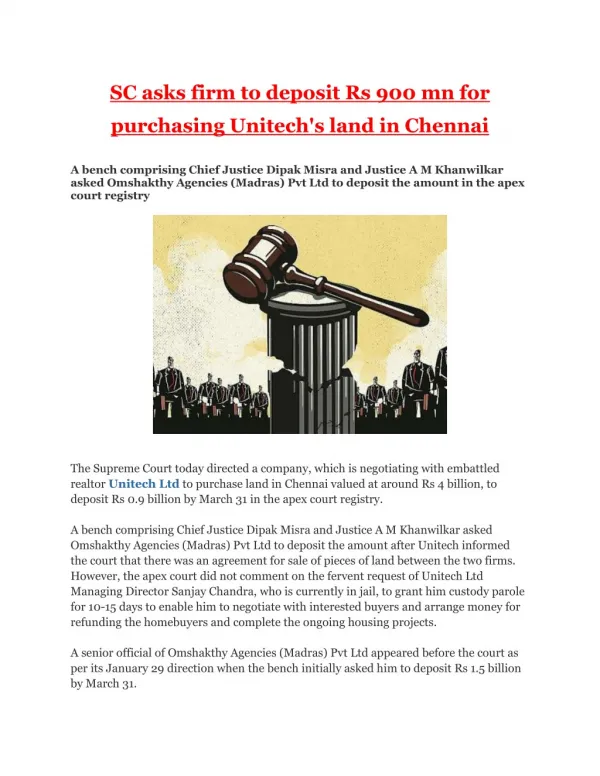 SC Asks Firm to Deposit Rs 900 Mn for Purchasing Unitech's Land in Chennai