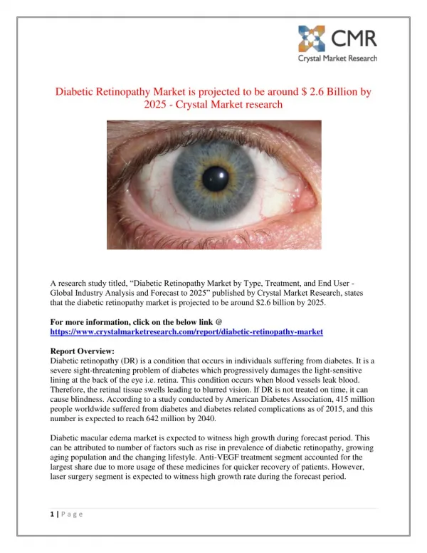 Diabetic Retinopathy Market is expected to be $ 2.6 Billion by 2025