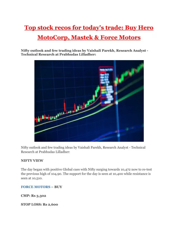 Top stock recos for today's trade: Buy Hero MotoCorp, Mastek & Force Motors