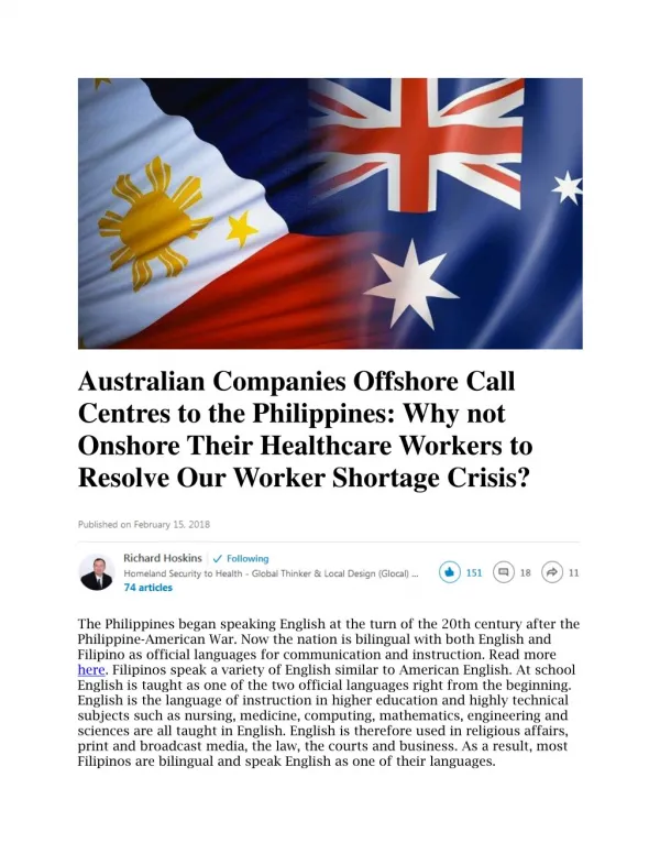 Australian Companies Offshore Call Centres to the Philippines: Why not Onshore Their Healthcare Workers to Resolve Our W