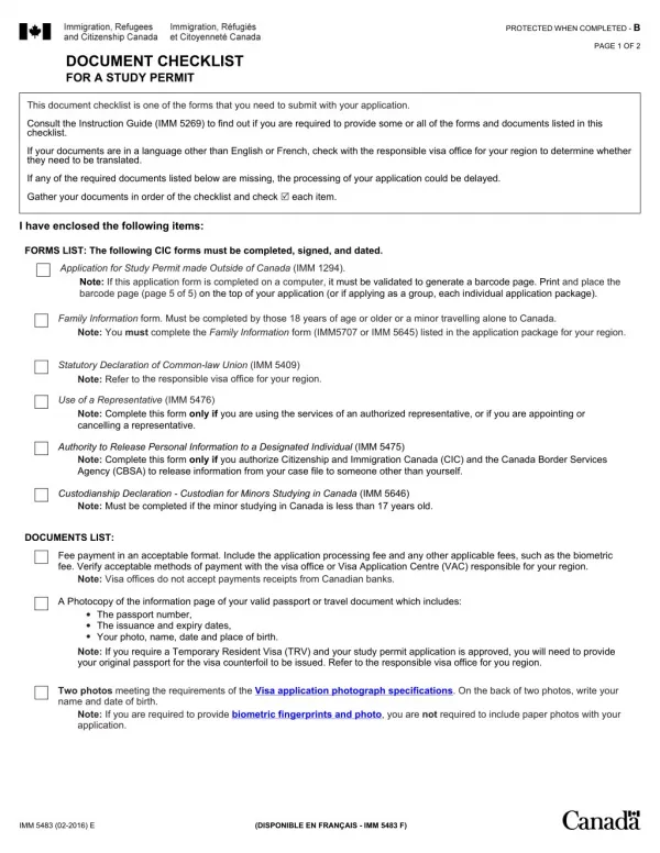 Document Checklist for a Study Permit