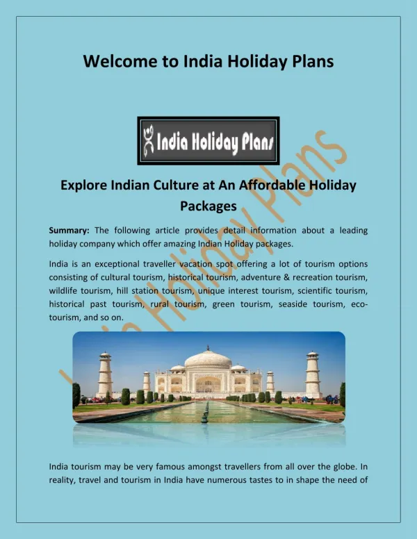 Visit India Tours, Tour Operators in India- indiaholidayplans