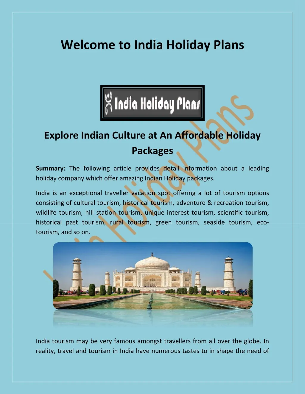 welcome to india holiday plans