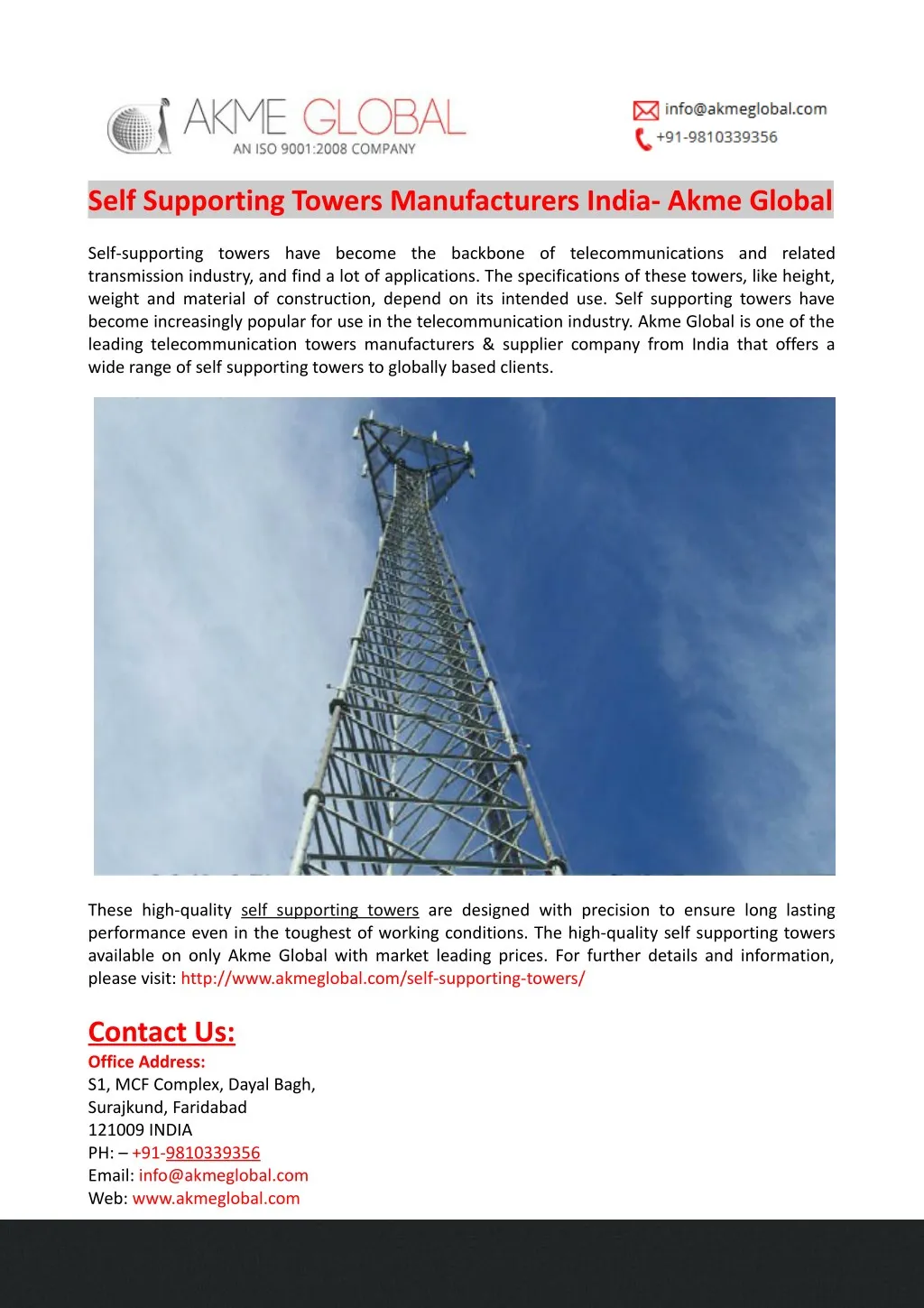 self supporting towers manufacturers india akme