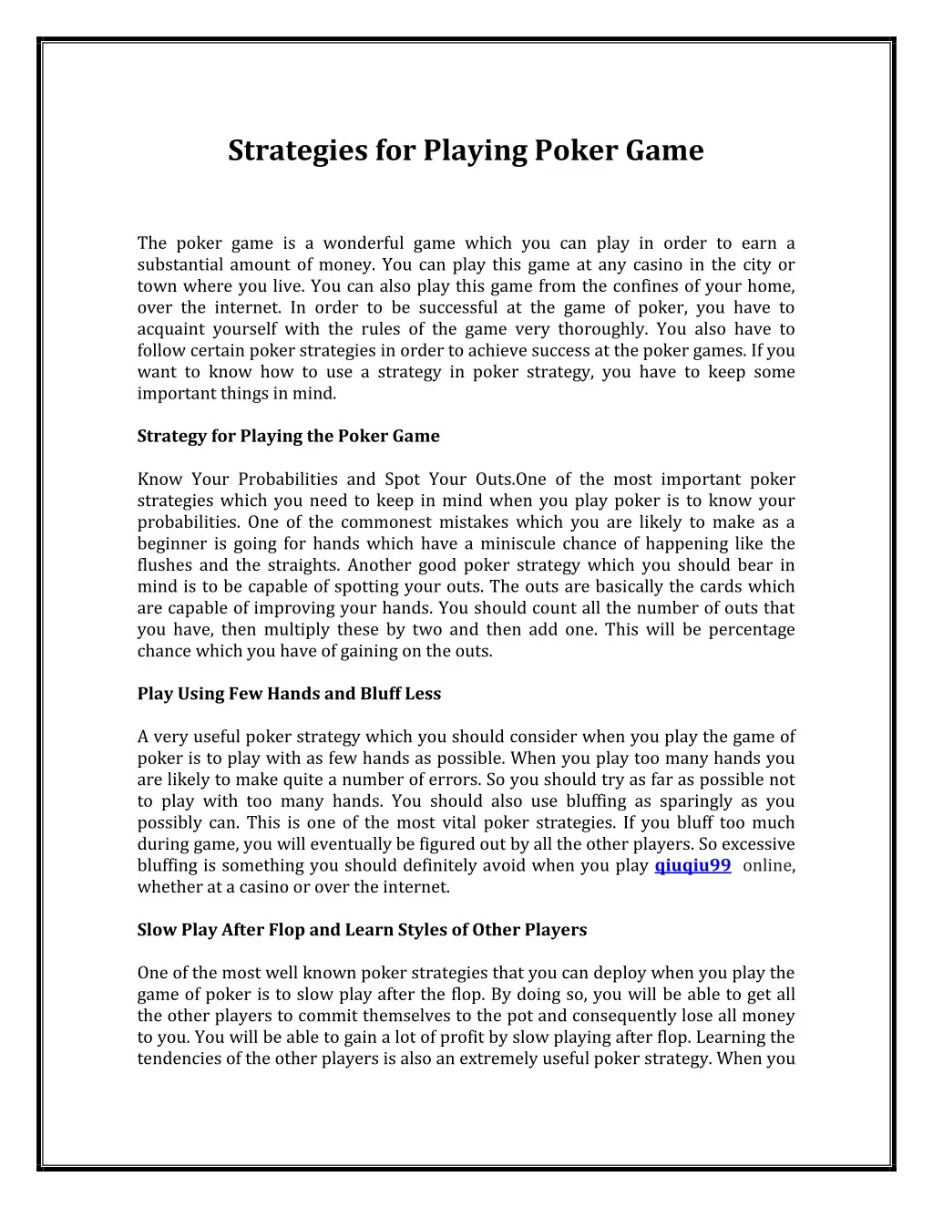 strategies for playing poker game