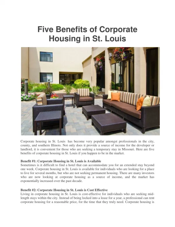 Five Benefits of Corporate Housing in St. Louis