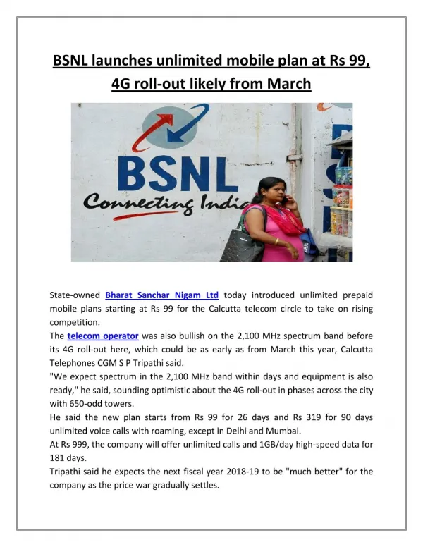 BSNL Launches Unlimited Mobile Plan at Rs 99, 4G Roll-out Likely From March