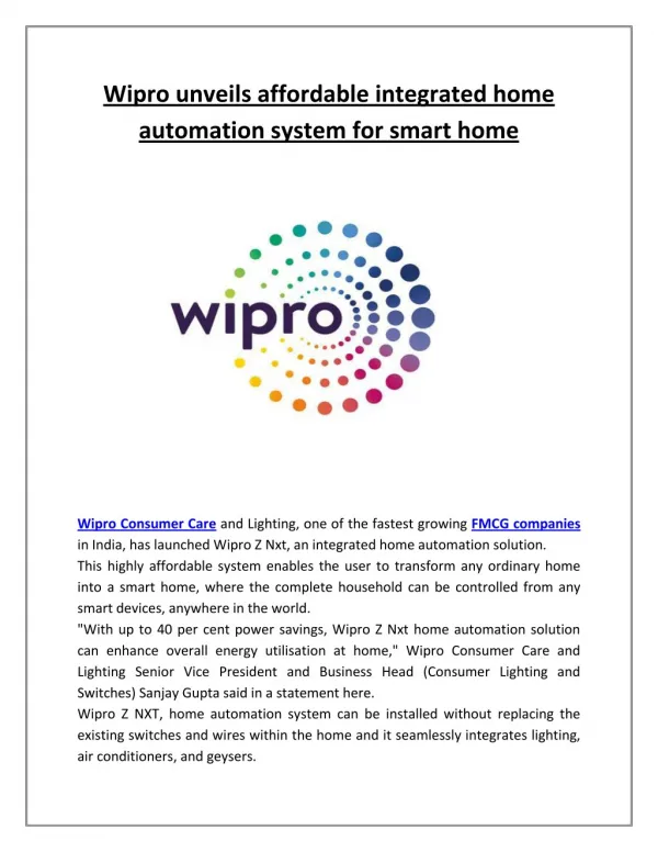 Wipro unveils affordable integrated home automation system for smart home