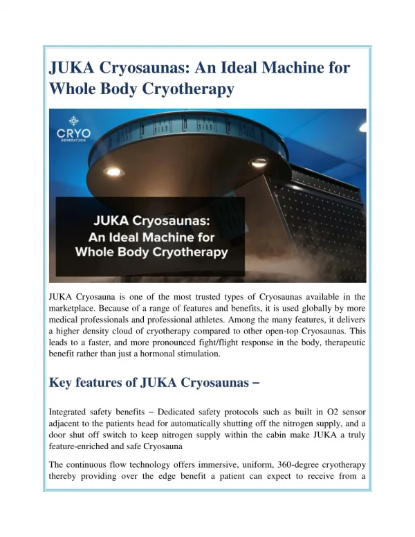 JUKA Cryosaunas - An Ideal Machine for Whole Body Cryotherapy