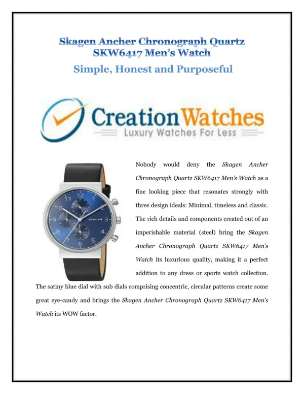 Skagen Ancher Chronograph Quartz SKW6417 Men’s Watch:Simple,Honest and Purposeful