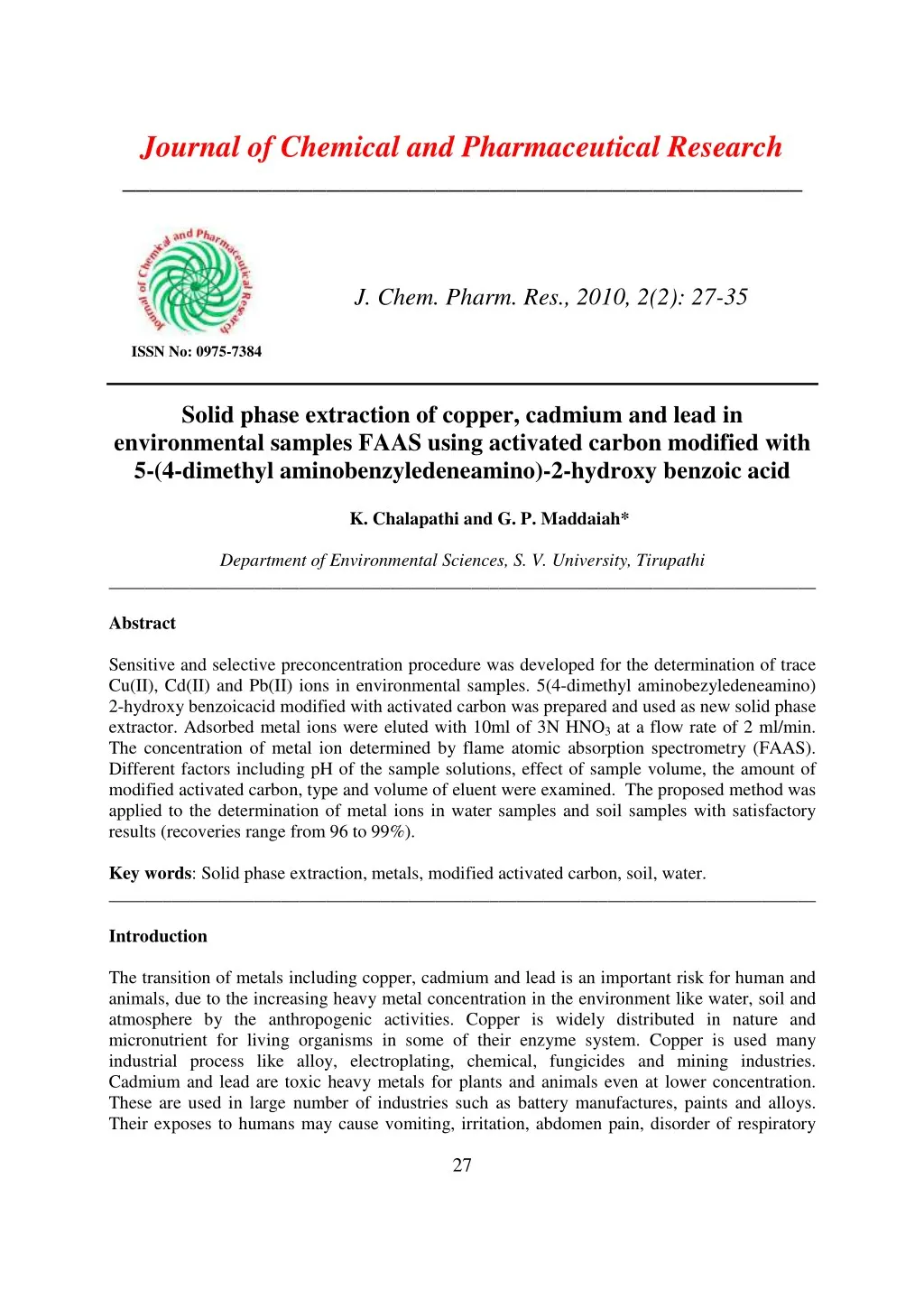 journal of chemical and pharmaceutical research