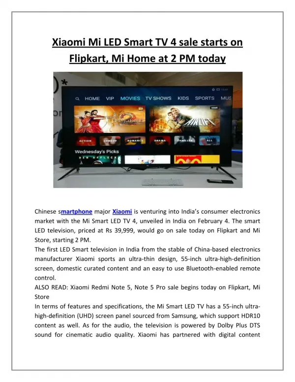 Xiaomi mi led smart tv 4 sale starts on flipkart, mi home at 2 pm today