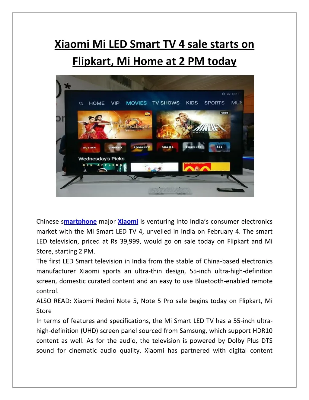 xiaomi mi led smart tv 4 sale starts on flipkart